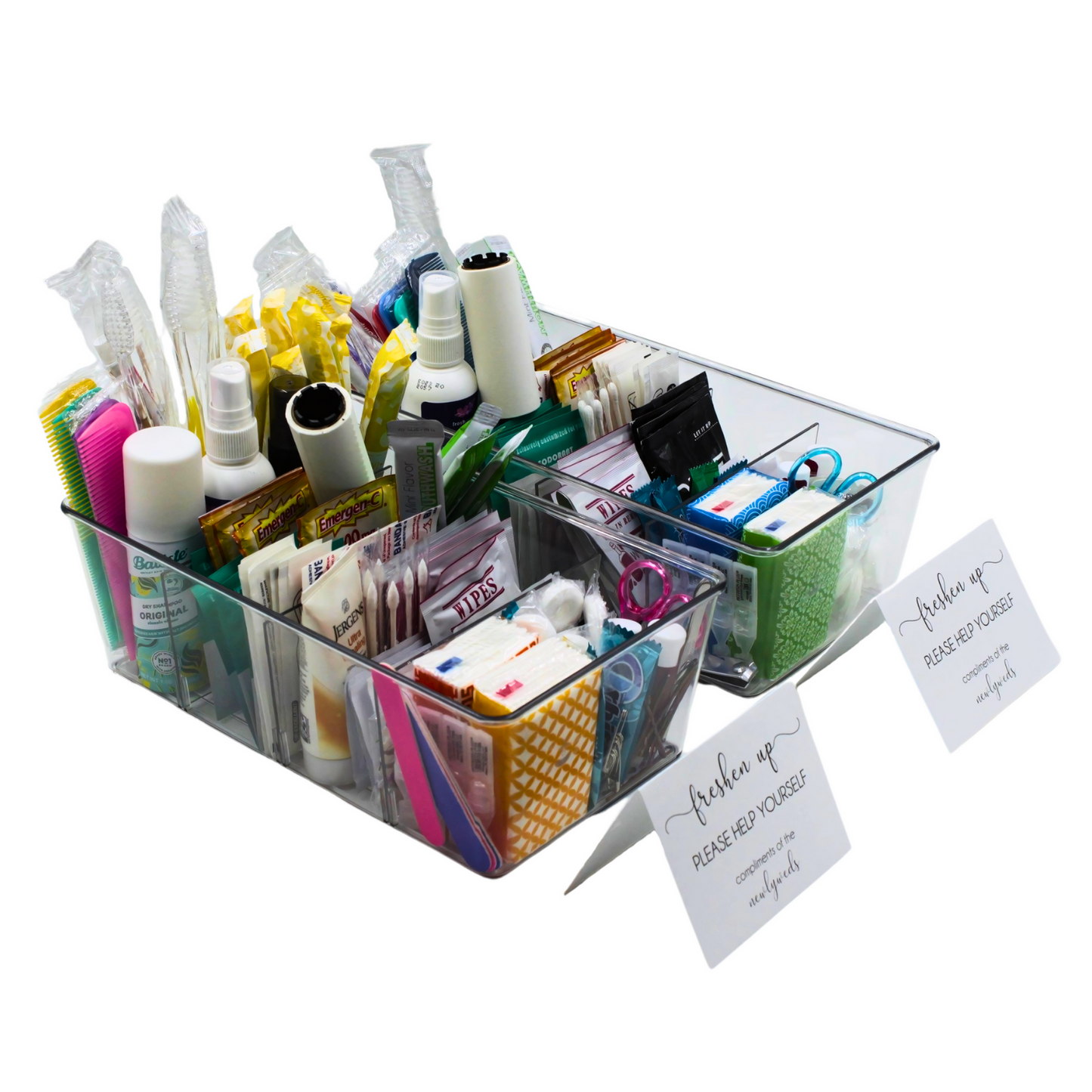 Deluxe Wedding Bathroom Baskets with Custom Sign — Medication-Free Edition
