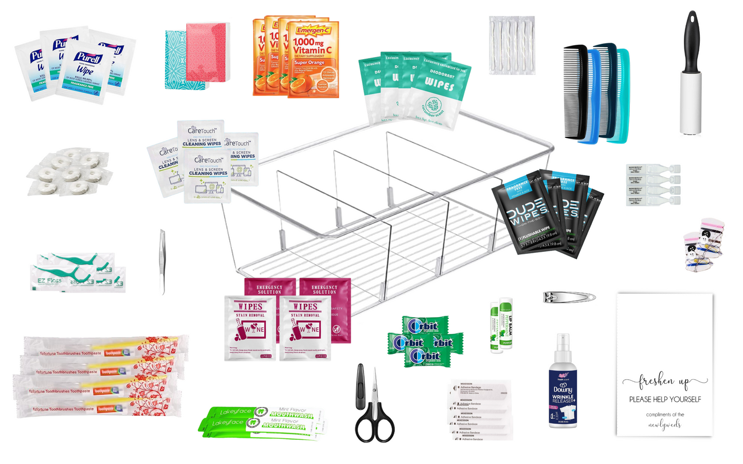 Deluxe Wedding Bathroom Baskets with Custom Sign — Medication-Free Edition