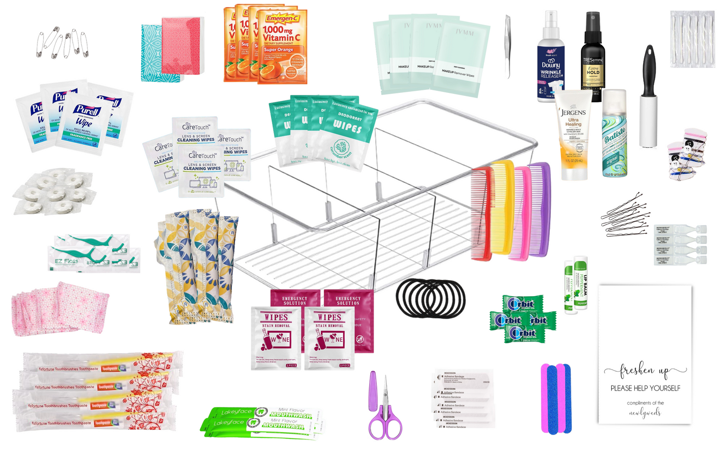 Deluxe Wedding Bathroom Baskets with Custom Sign — Medication-Free Edition