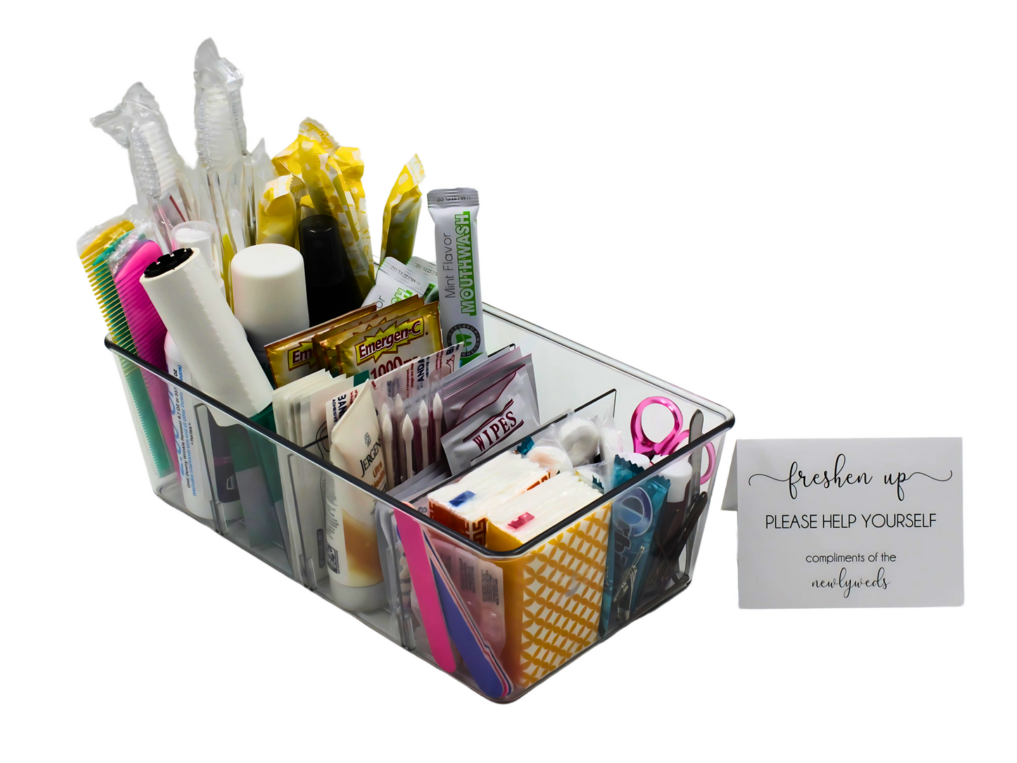 Deluxe Wedding Bathroom Baskets with Custom Sign — Medication-Free Edition