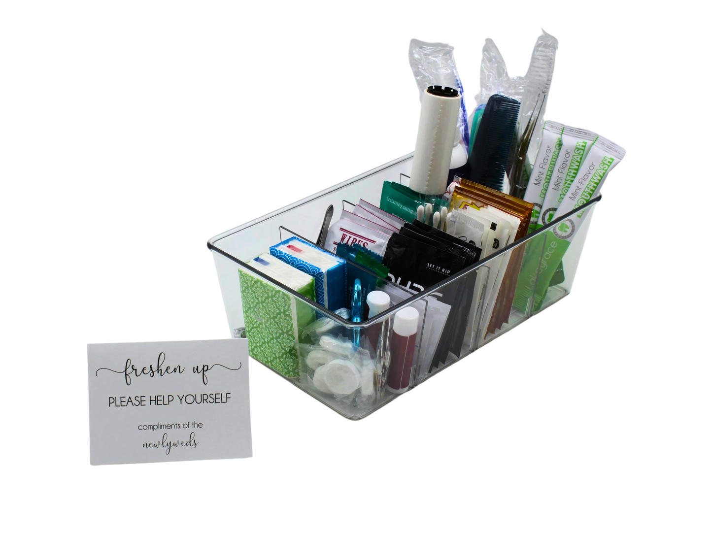 Deluxe Wedding Bathroom Baskets with Custom Sign — Medication-Free Edition