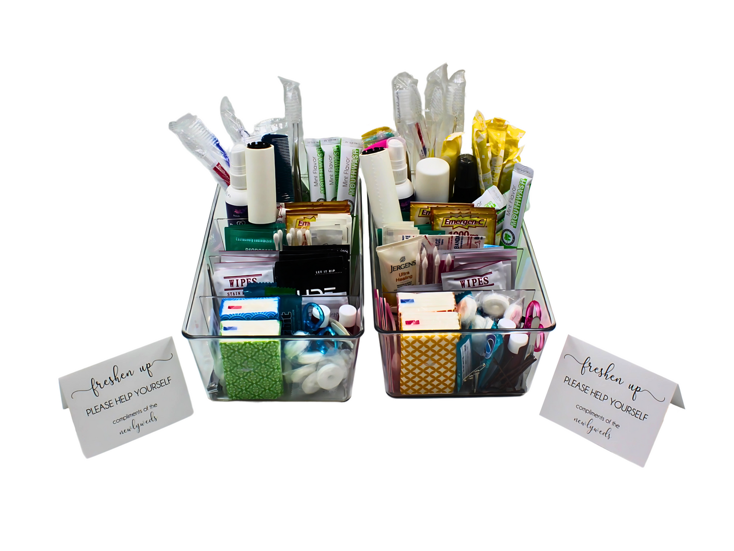 Deluxe Wedding Bathroom Baskets with Custom Sign — Medication-Free Edition