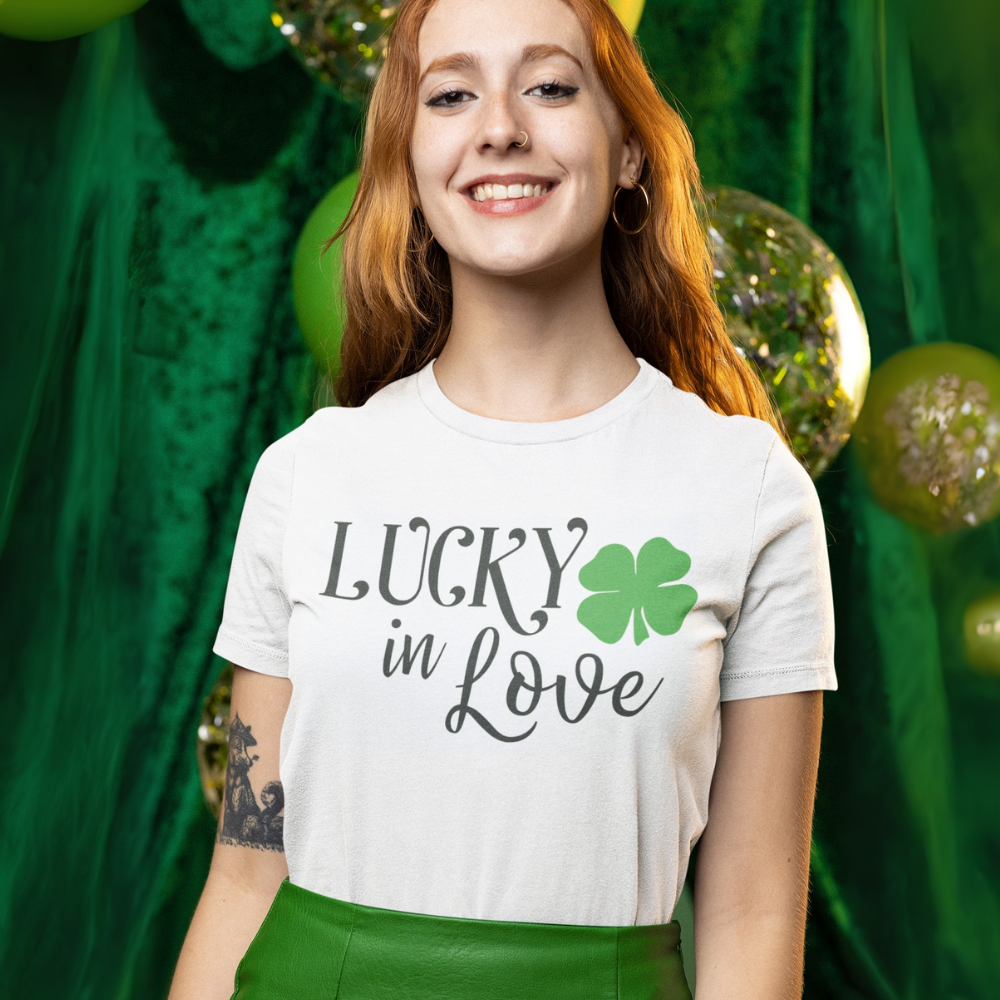 St. Patrick's Day themed Lucky in Love bachelorette party shirts and green bridal accessories.