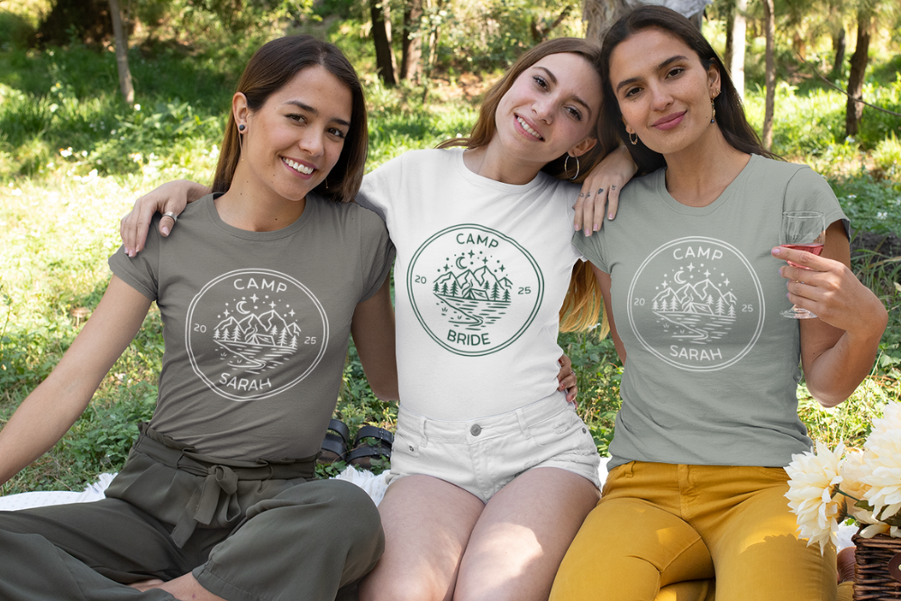 Custom Camp Bachelorette softstyle t-shirt for an outdoor-themed bridal getaway.