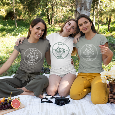 Custom Camp Bachelorette softstyle t-shirt for an outdoor-themed bridal getaway.