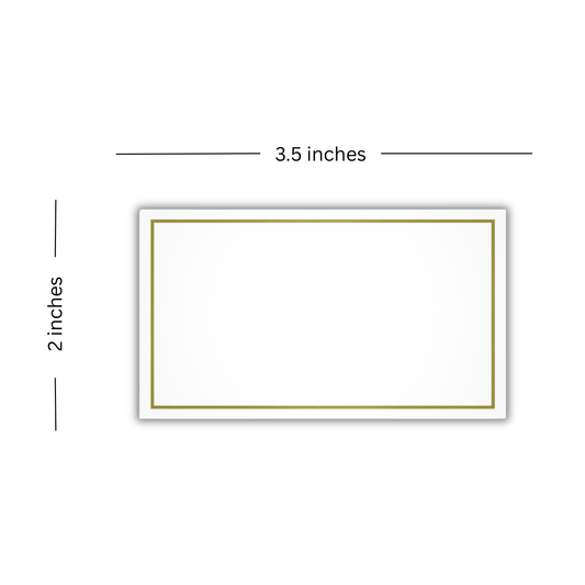 Flat white wedding place cards with gold foil border, blank for use with place card holders