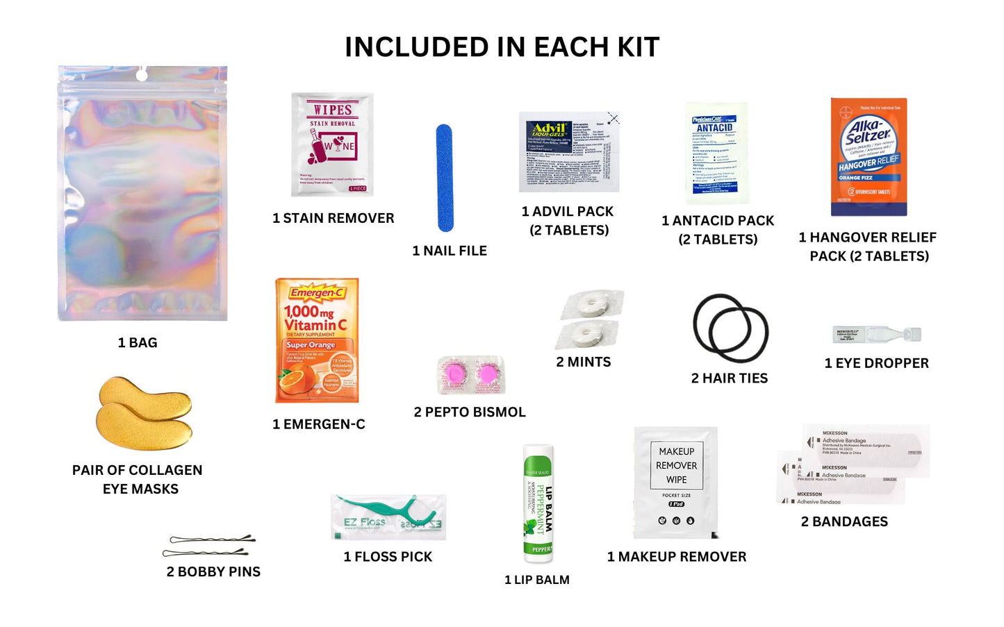 Premium Hangover Recovery Kit with under eye patches, Alka-Seltzer, Pepto-Bismol, and Advil 