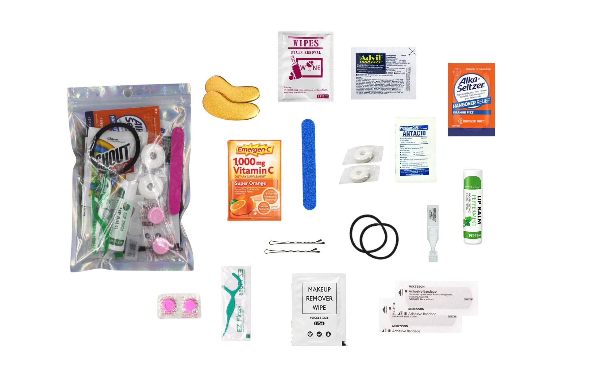 Premium Hangover Recovery Kit with under eye patches, Alka-Seltzer, Pepto-Bismol, and Advil 