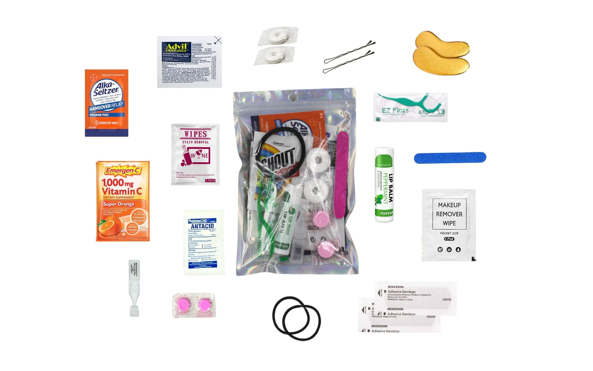 Premium Hangover Recovery Kit with under eye patches, Alka-Seltzer, Pepto-Bismol, and Advil 