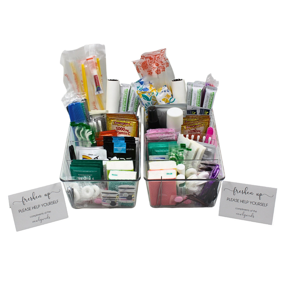 Deluxe Wedding Bathroom Baskets with Custom Sign