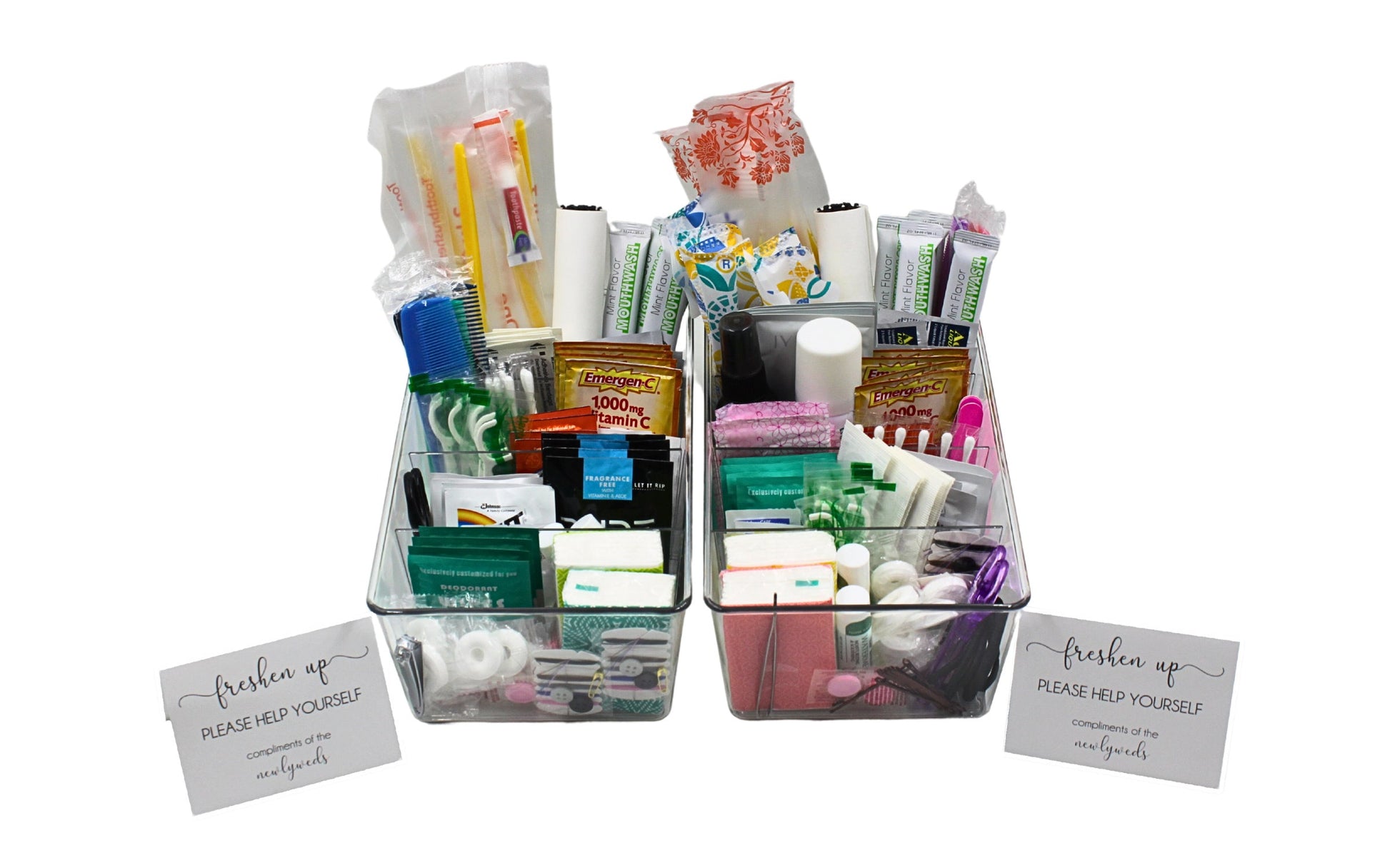 Deluxe Wedding Bathroom Baskets with Custom Sign