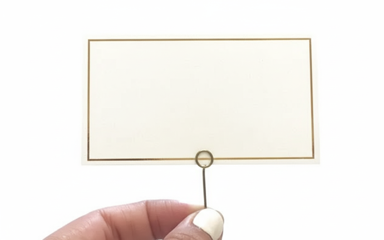 Close-up of mini round gold wire place card clip being held by a hand with a white card inserted.