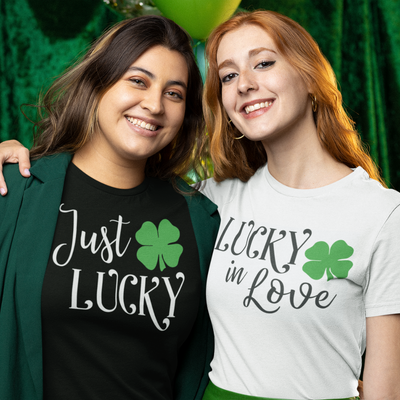 St. Patrick's Day themed Lucky in Love Irish bachelorette party shirts and bridal accessories.
